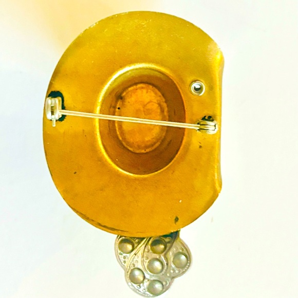 Vintage Cavalier Brass Cowboy Hat Rhinestone Feather Plume Brooch Pin - Picture 10 of 10